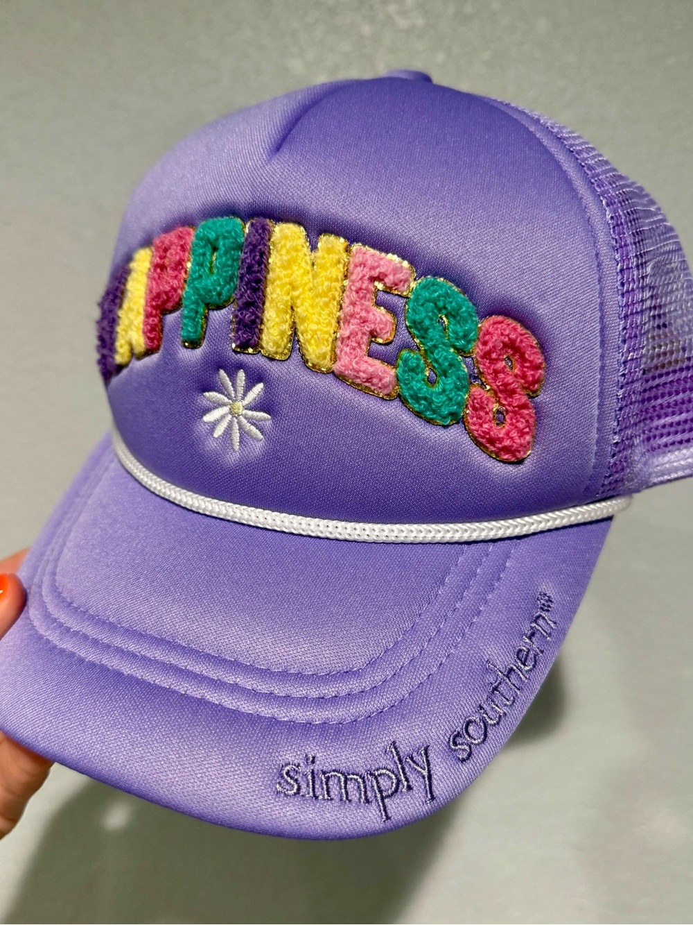 Simply Southern Lavender 'Happiness' Colorful Chenille Trucker Hat